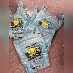 Vintage 2001 blue Walmart bag lot 3 large & 2 smaller smiley face roll back